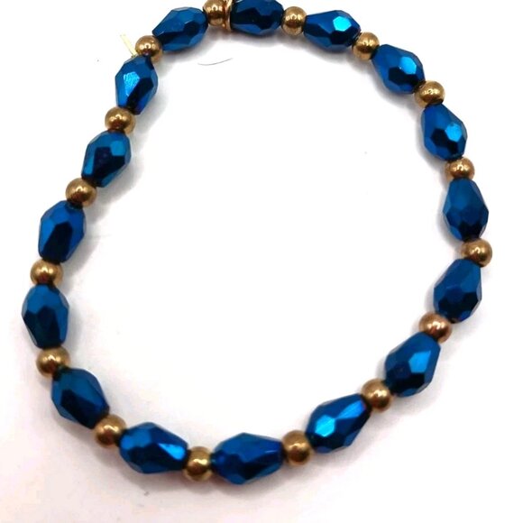 Blue + Gold Beaded Flower Stretch Stretchy Bracelet - Picture 4 of 9